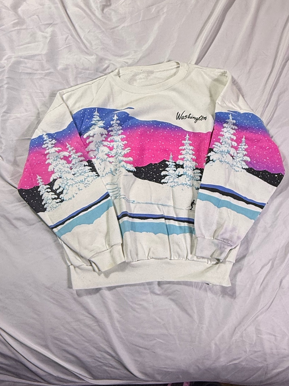 Vintage AOP Washington Crewneck Neon Colors Pink Aqua Blue Large